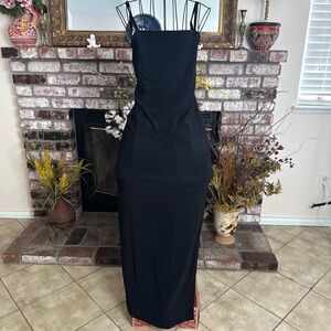 Vtg 90s City Triangles Black Rib Cage Open Back Bodycon Side Slit Maxi Dress